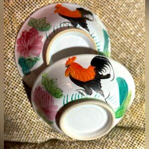 2 Porcelain Bowls Chinese hand painted floral rooster 7.5” Signed Circa 1900s